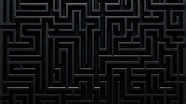 front view 3d illustration closeup of dark black labyrinth maze pattern with textured stone walls