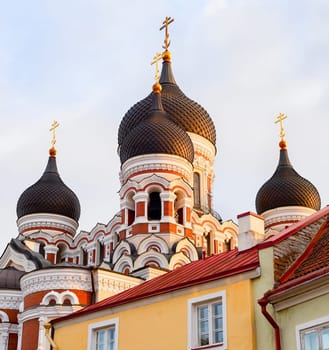 Skyward view of Alexander Nevsky Cathedral at sunset. Tallinn, Estonia