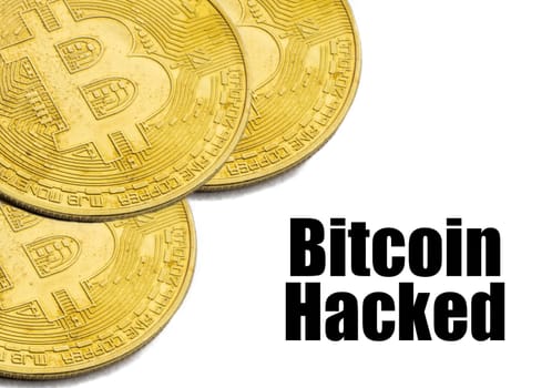 BITCOIN HACKED text on white background. Cryptocurrency theft concept