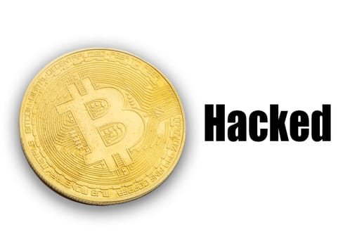 BITCOIN HACKED text on white background. Cryptocurrency theft concept