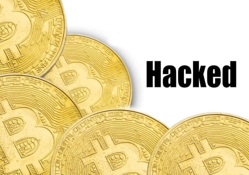 BITCOIN HACKED text on white background. Cryptocurrency theft concept