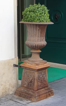 Ancient style plant pot in front of building