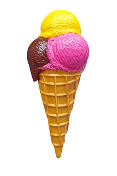Three scoops of ice cream in cone isolated with clipping path