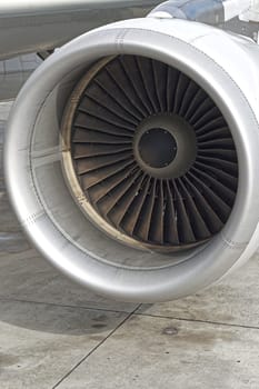 Close up shot of big jet engine fan box