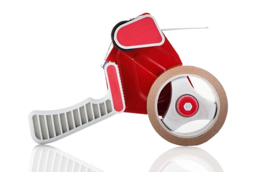 A side view of a red parcel tape dispenser on white background