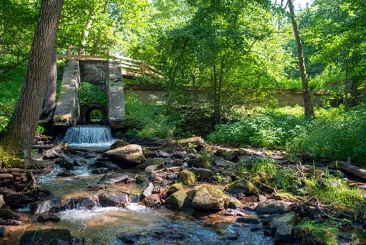 Full frame image of beautiful rural landscape with a woodland stream flowing over stones. Calming, relaxing nature view.