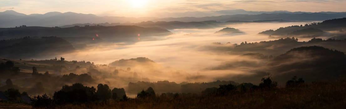 Banner of beautiful landscape in the mountains at sunrise. View of foggy hills and valley covered by forest.