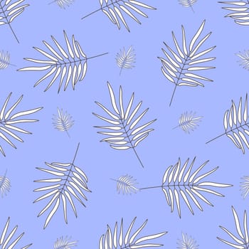 Vector pattern with tropical leaves. blue background. Palm leaves.