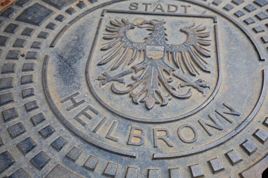 Heilbronn, Baden-Württemberg / Germany - 23 06 2020: Manhole cover with coat of arms in Heilbronn