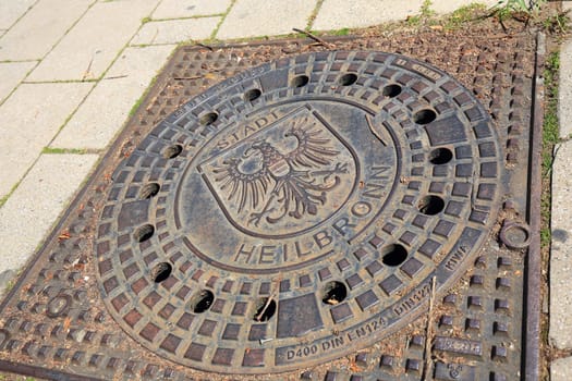 Heilbronn, Baden-Württemberg / Germany - 23 06 2020: Manhole cover with coat of arms in Heilbronn