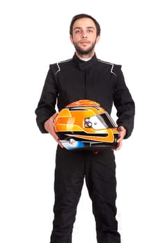 Racing driver posing with helmet isolated in white
