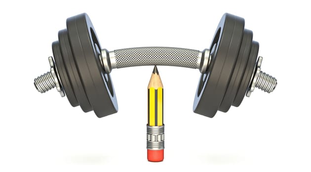 Heavy dumbbell on top of sharp pencil 3D render illustration isolated on white background