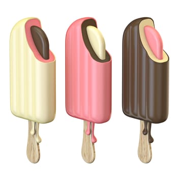 Three different ice creams on wooden sticks 3D render illustration isolated on white background