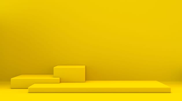 Yellow cubes stage 3D render illustration on yellow background