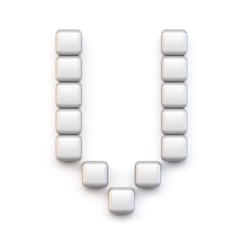 White cube, pixel font Letter V 3D render illustration isolated on white background