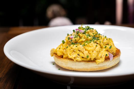 Scramble Egg with Truffle mushroom oil, international gourmet cuisine traditional breakfast of europe. Restaurant gastronomy food and drink consumerism concept.