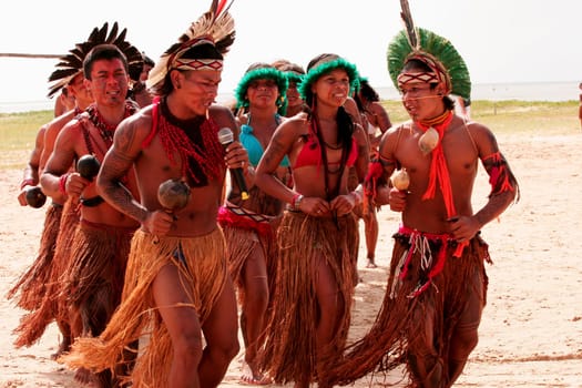 santa cruz cabralia, bahia / brazil - april 17, 2010: indians of the pataxo ethnic group are seen during indigenous games in the Coroa Vermelha village in the city of Santa Cruz Cabralia, in southern Bahia.