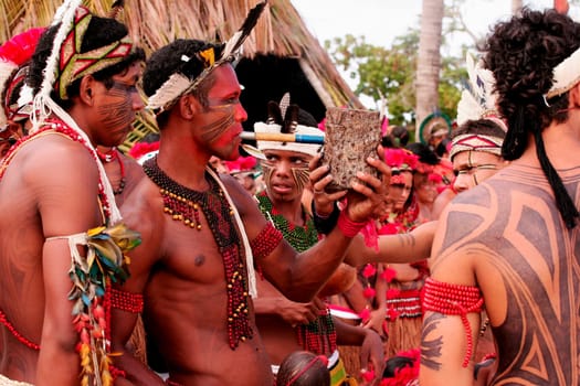 santa cruz cabralia, bahia / brazil - april 17, 2010: indians of the pataxo ethnic group are seen during indigenous games in the Coroa Vermelha village in the city of Santa Cruz Cabralia, in southern Bahia.