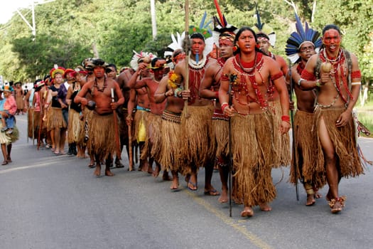 porto seguro, bahia / brazil - april 17, 2010: Pataxo Indians are seen during a protest on the BR 367 highway in the city of Porto Seguro, in southern Bahia.
