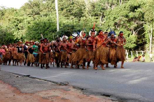 porto seguro, bahia / brazil - april 17, 2010: Pataxo Indians are seen during a protest on the BR 367 highway in the city of Porto Seguro, in southern Bahia.