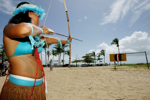 santa cruz cabralia, bahia / brazil - april 17, 2011: indians of the pataxo ethnic group are seen during indigenous games in the Coroa Vermelha village in the city of Santa Cruz Cabralia, in southern Bahia.