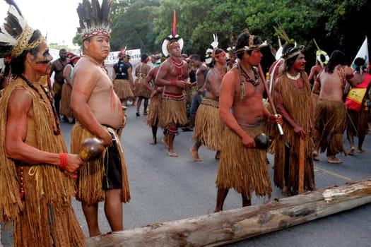 porto seguro, bahia / brazil - april 17, 2010: Pataxo Indians are seen during a protest on the BR 367 highway in the city of Porto Seguro, in southern Bahia.