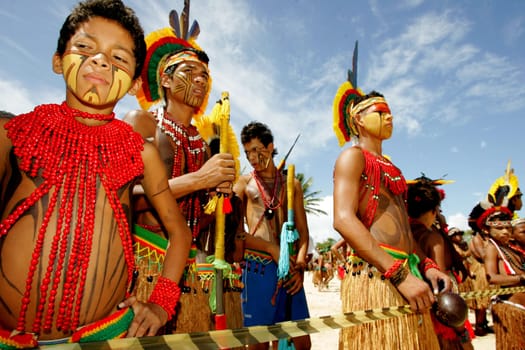 santa cruz cabralia, bahia / brazil - april 17, 2011: indians of the pataxo ethnic group are seen during indigenous games in the Coroa Vermelha village in the city of Santa Cruz Cabralia, in southern Bahia.