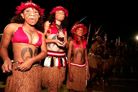 santa cruz cabralia, bahia / brazil - april 17, 2010: indians of the pataxo ethnic group are seen during indigenous games in the Coroa Vermelha village in the city of Santa Cruz Cabralia, in southern Bahia.
