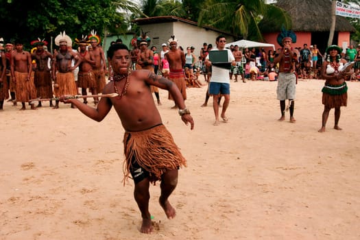 santa cruz cabralia, bahia / brazil - april 17, 2010: indians of the pataxo ethnic group are seen during indigenous games in the Coroa Vermelha village in the city of Santa Cruz Cabralia, in southern Bahia.