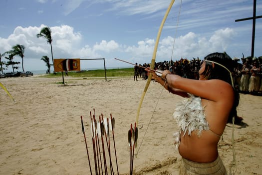 santa cruz cabralia, bahia / brazil - april 17, 2011: indians of the pataxo ethnic group are seen during indigenous games in the Coroa Vermelha village in the city of Santa Cruz Cabralia, in southern Bahia.