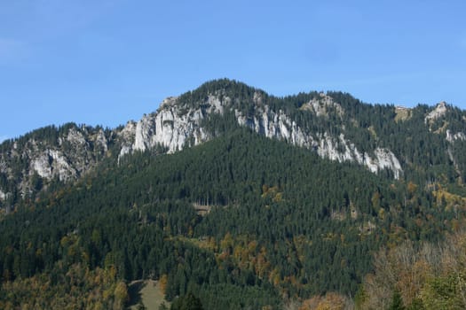 Alpine summits covered with snow, blue sky in the background .