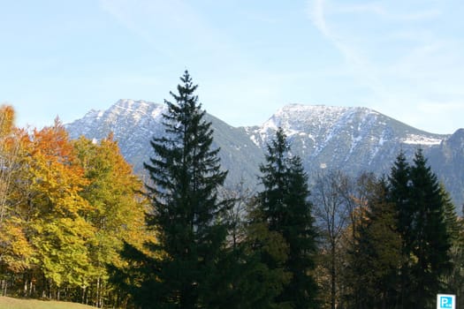 Alpine summits covered with snow, blue sky in the background .