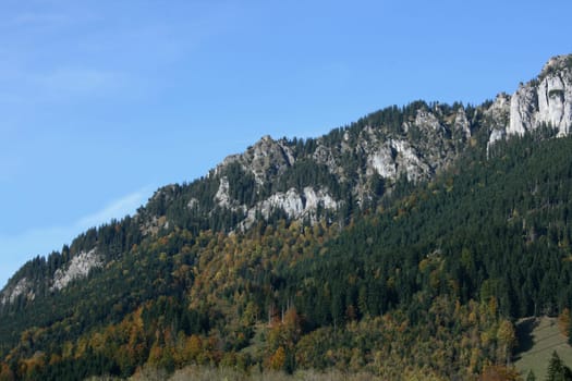 A landscape in the highlands, with rocks, trees and blue sky.