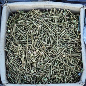 Big pile of screws for wood in box