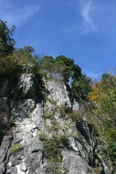 A landscape in the highlands, with rocks, trees and blue sky.