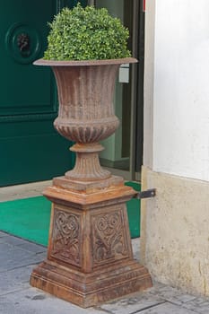Antique style plant pot in front of building