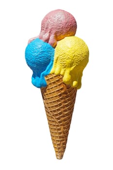 Melting scoops of ice cream in cone isolated with clipping path