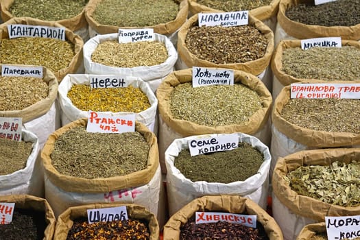 Natural tea and herbs in sacks