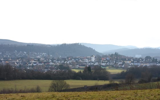 Birkenfeld, Germany, small town in the Hunsrueck, with a Catholic church in the center of the image