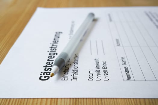 Form for guest registration (Gästeregistrierung) in a restaurant in Germany during the Corona pandemic