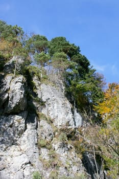 A landscape in the highlands, with rocks, trees and blue sky.