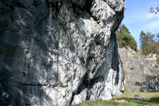 A landscape in the highlands, with rocks, trees and blue sky.