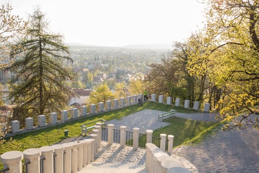 Panoramic view of Ljubljana, capital of Slovenia. Roooftops of Ljubljanas old medieval city center seen from Plenik park near Ljubljana castle.