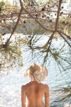 Rear view of topless beautiful woman wearing nothing but straw sun hat realaxing on wild coast of Adriatic sea on a beach in shade of pine tree. Relaxed healthy lifestyle concept.