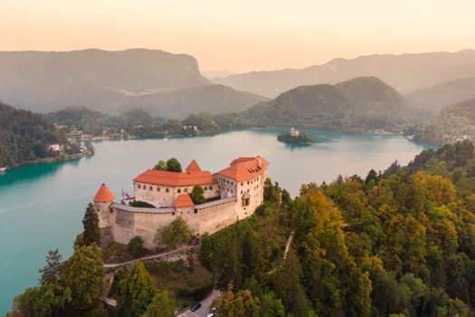 Aerial view of Lake Bled and the castle of Bled, Slovenia, Europe. Aerial drone photography.