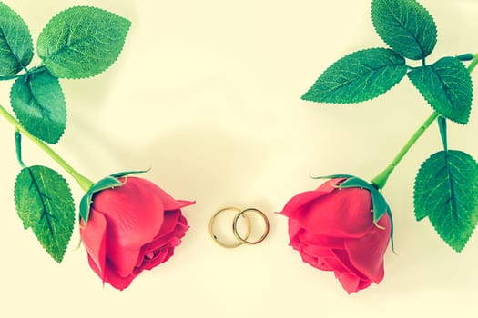 Red plastic fake roses on white background, Wedding concept with roses and gold rings
