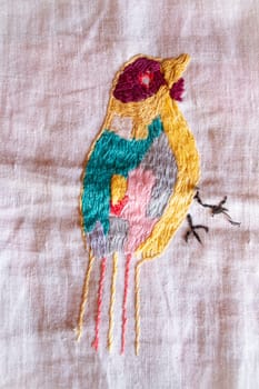 tit hand made embroidered smooth decoration on white fabric , vintage folk embroidery in Belarus, second half of 19 century