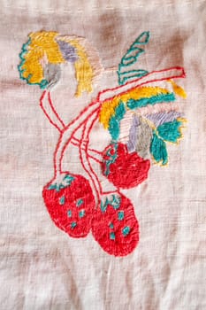 strawberry hand made embroidered smooth decoration on white fabric , vintage folk embroidery in Belarus, second half of 19 century
