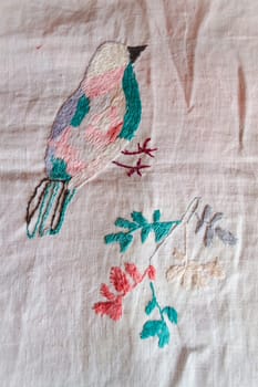 paradise hand made embroidered smooth decoration on white fabric , vintage folk embroidery in Belarus, second half of 19 century