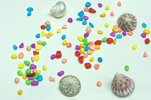 Decorative colourful rocks and sea shells